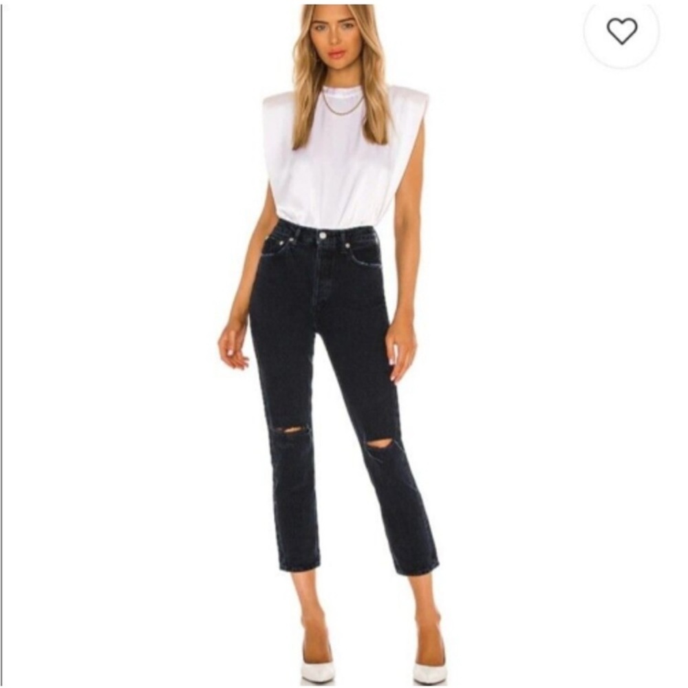 Agolde Riley Black Cotton High Rise Distressed Straight Leg Cropped Jeans